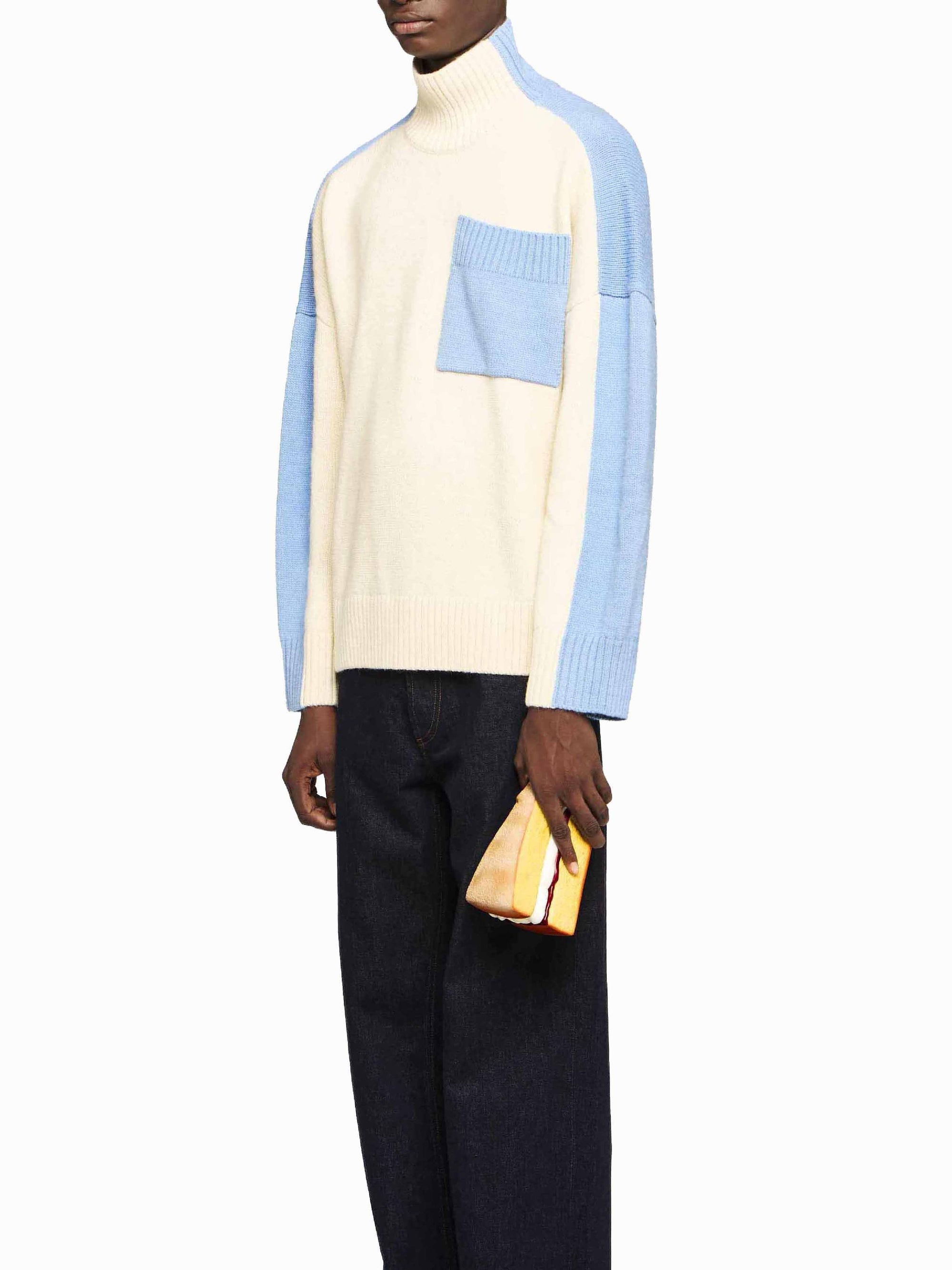 Pull col roulé en laine - Ivory & Sky Blue