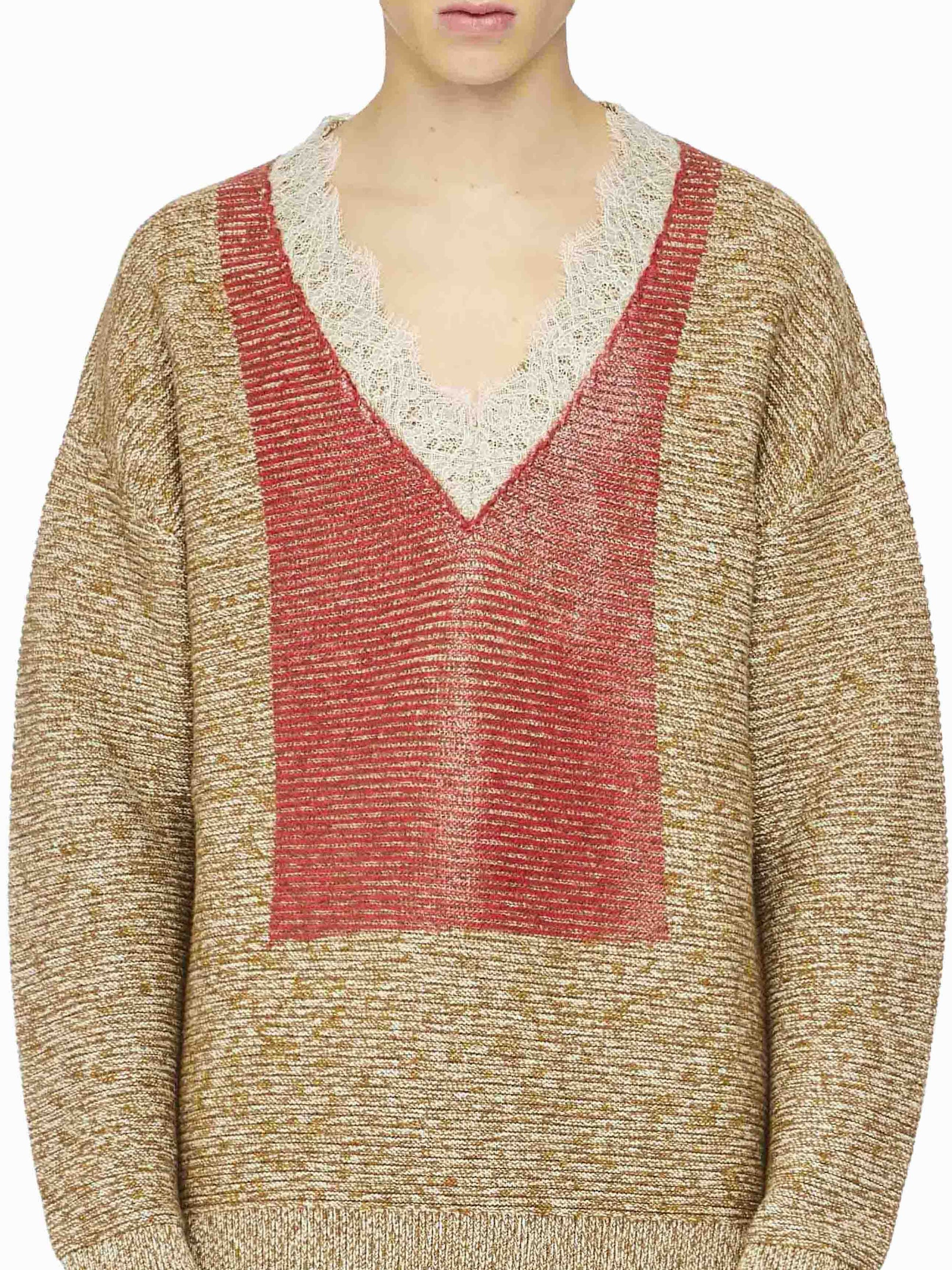 Pull À Col En V Avec Bordure En Dentelle - Cobblestone/Red