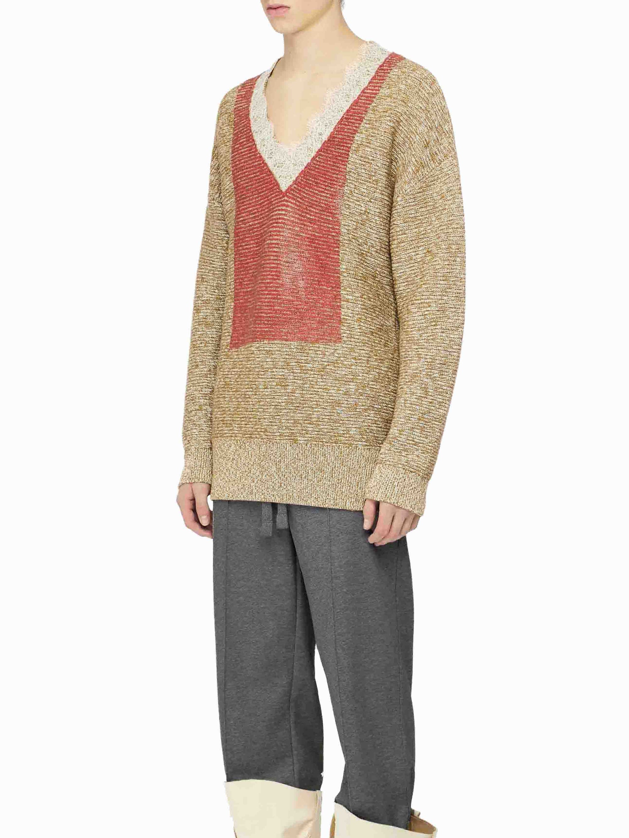Pull À Col En V Avec Bordure En Dentelle - Cobblestone/Red