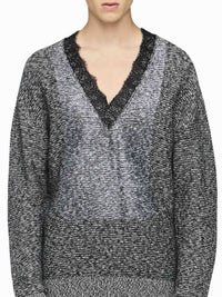 Pull À Col En V Avec Bordure En Dentelle - Black