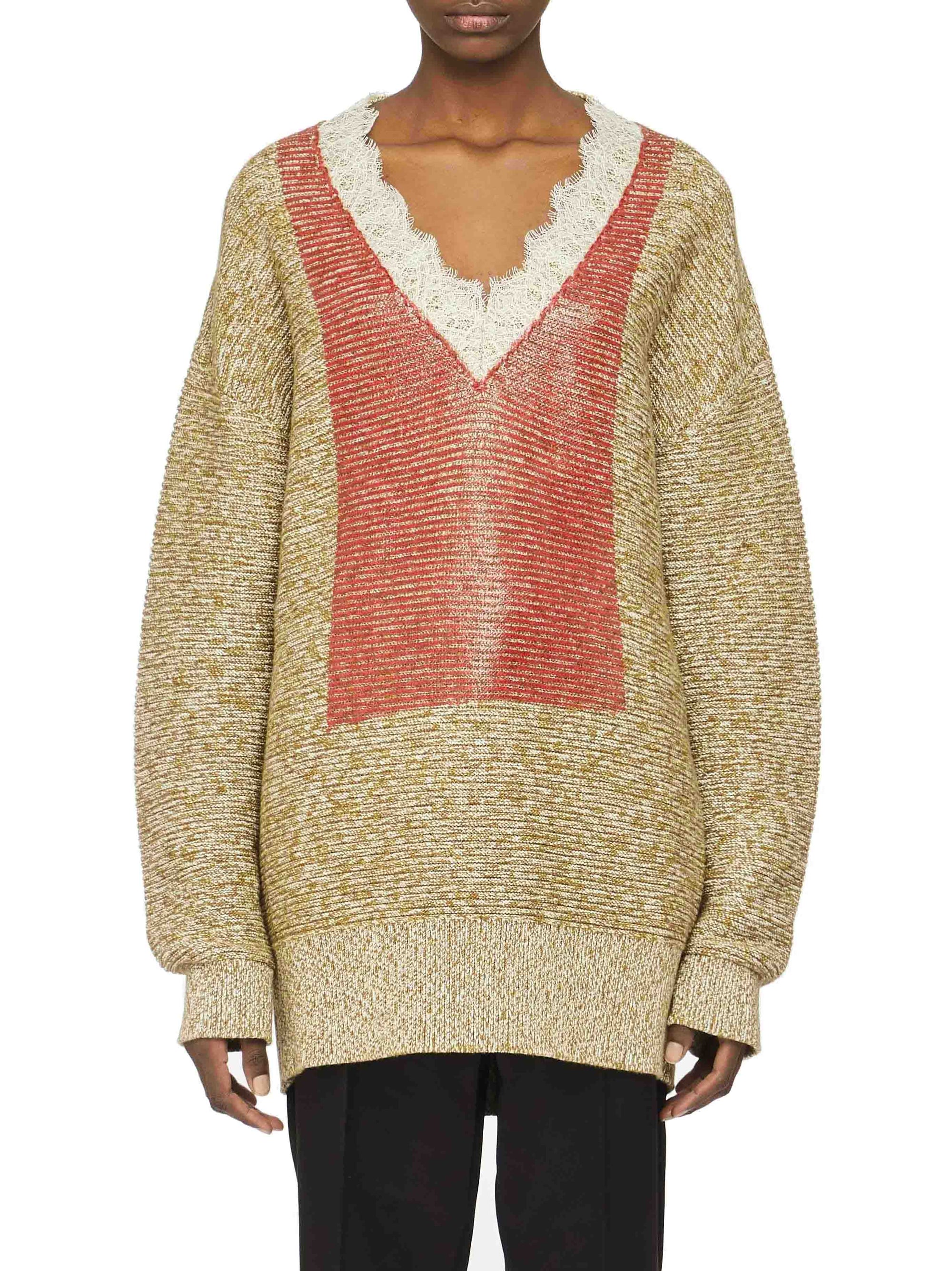 Pull À Col En V Avec Bordure En Dentelle - Cobblestone/Red