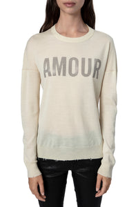 Gaby jumper with rhinestone "Amour" inscription in wool - Cream