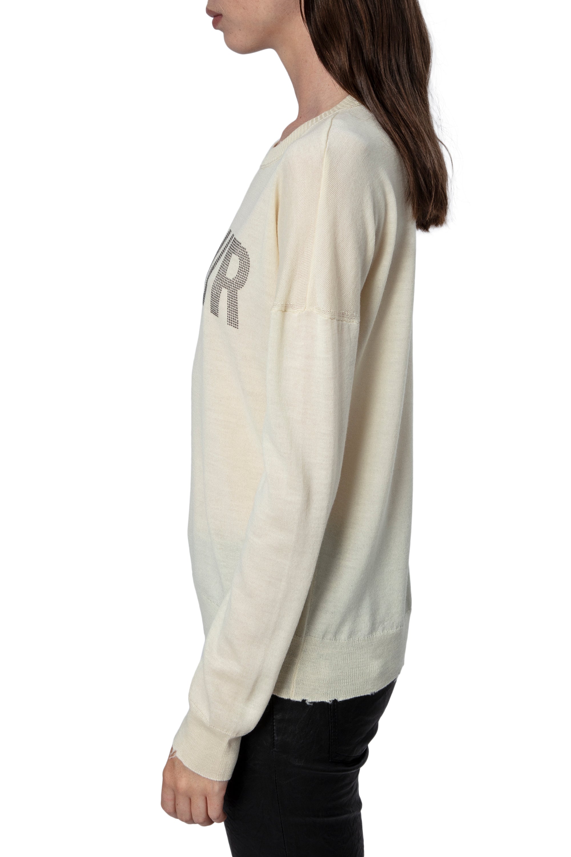 Gaby jumper with rhinestone "Amour" inscription in wool - Cream