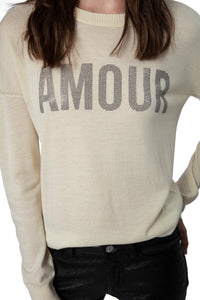 Gaby jumper with rhinestone "Amour" inscription in wool - Cream