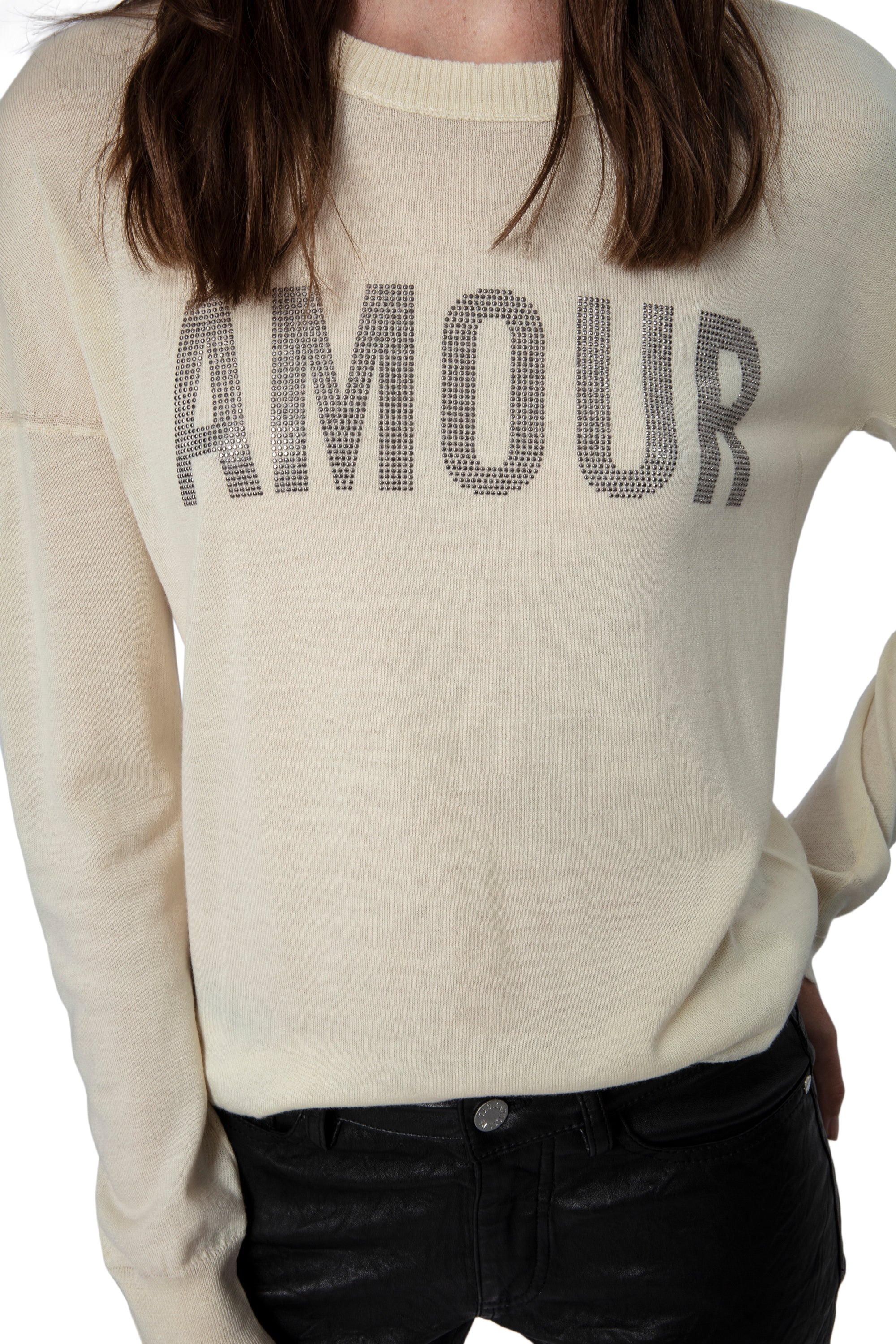 Gaby jumper with rhinestone "Amour" inscription in wool - Cream
