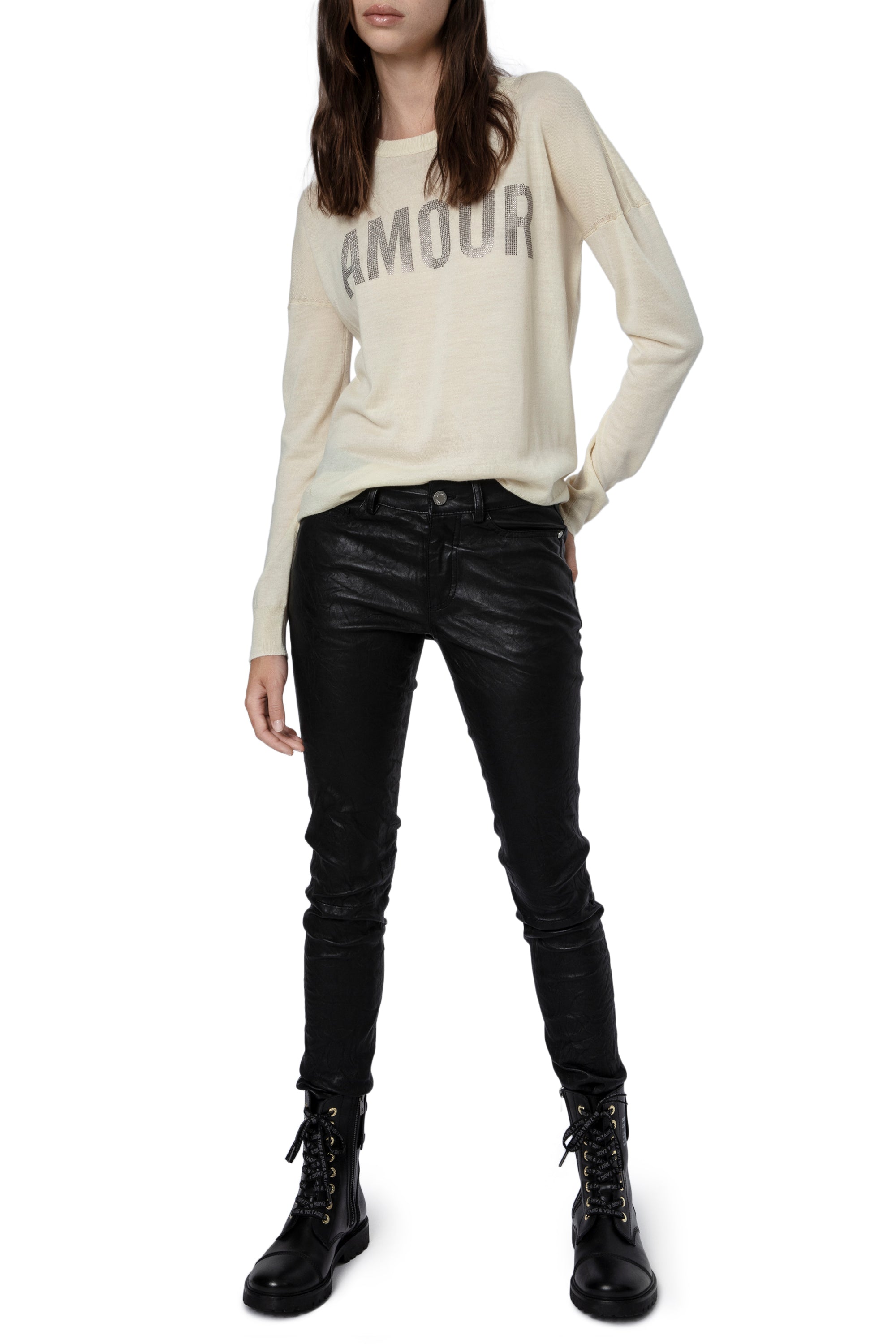 Gaby jumper with rhinestone "Amour" inscription in wool - Cream