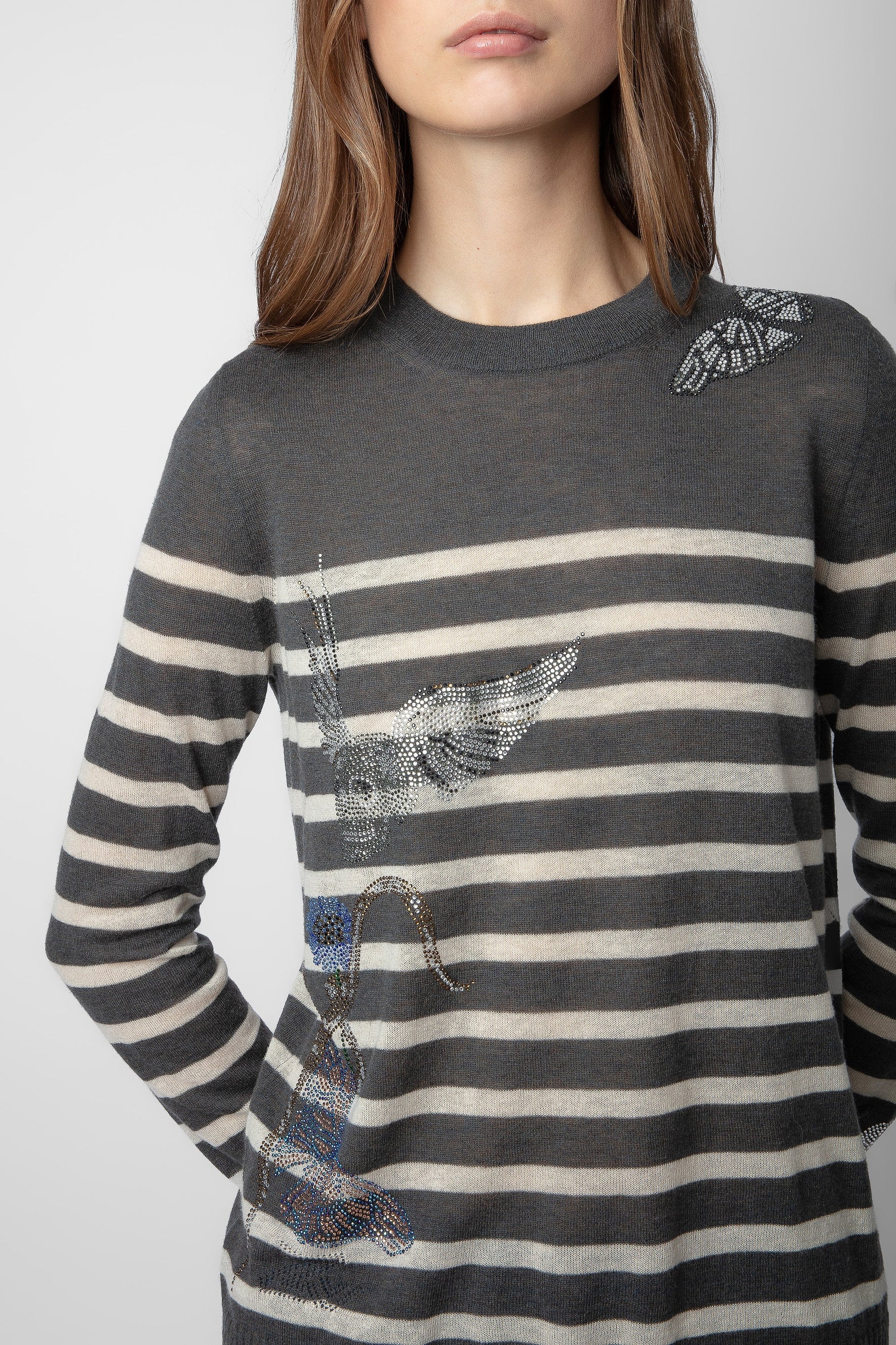 Pull Source Strass en cachemire - Ardoise