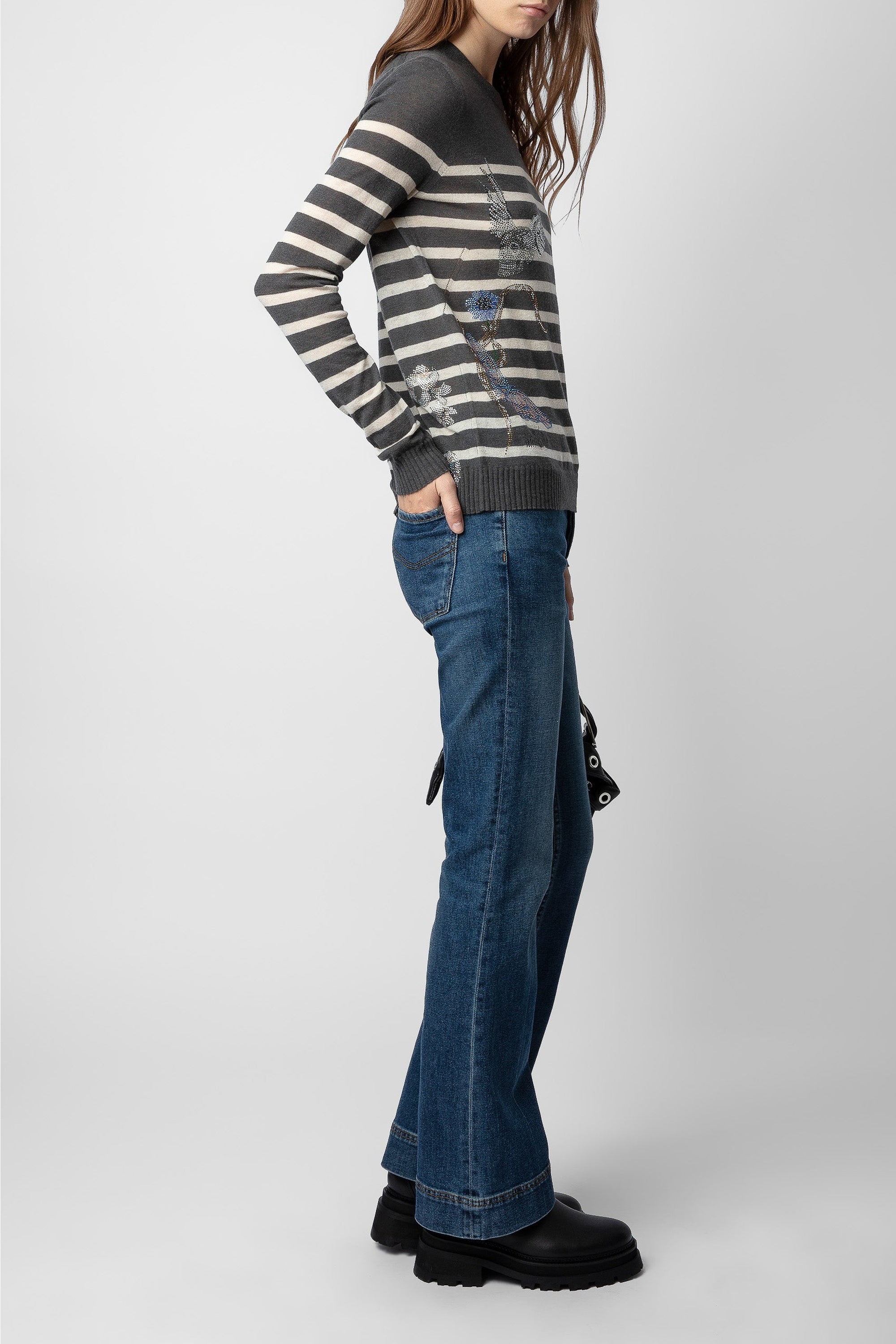 Pull Source Strass en cachemire - Ardoise