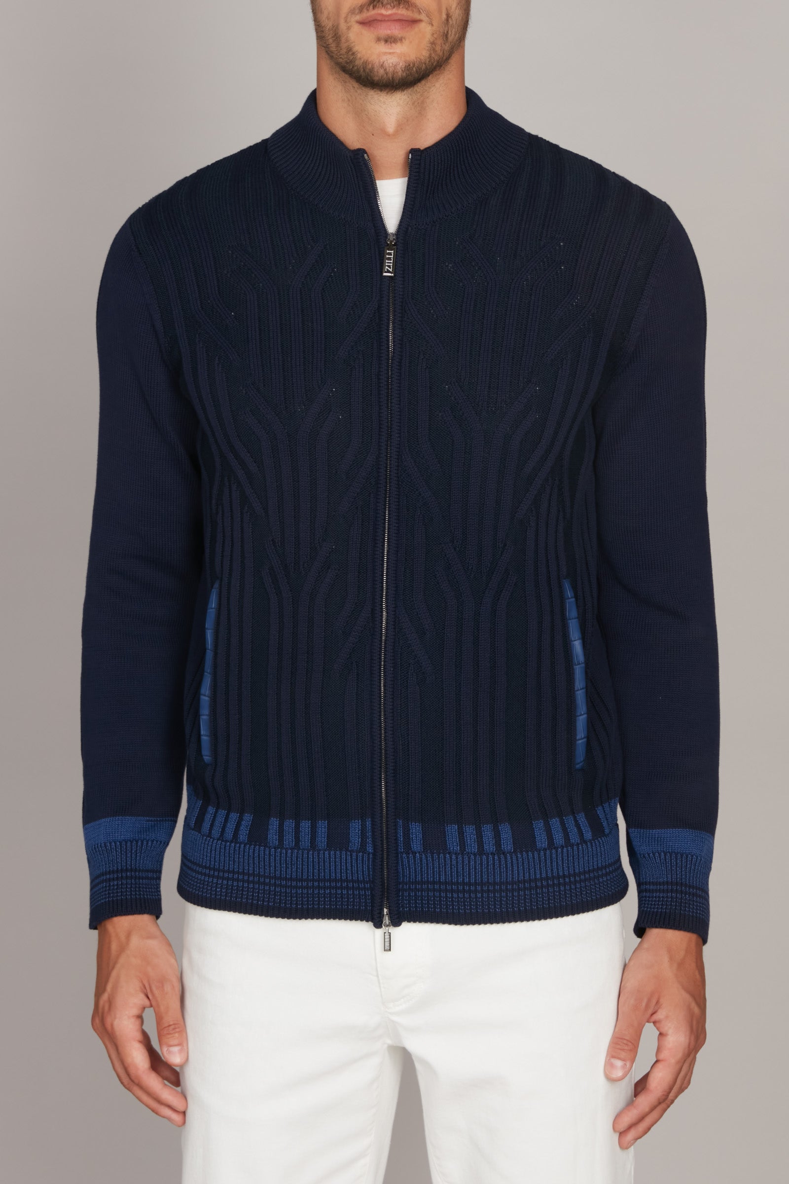 Cardigan zippé à motif géométrique en soie - Bleu