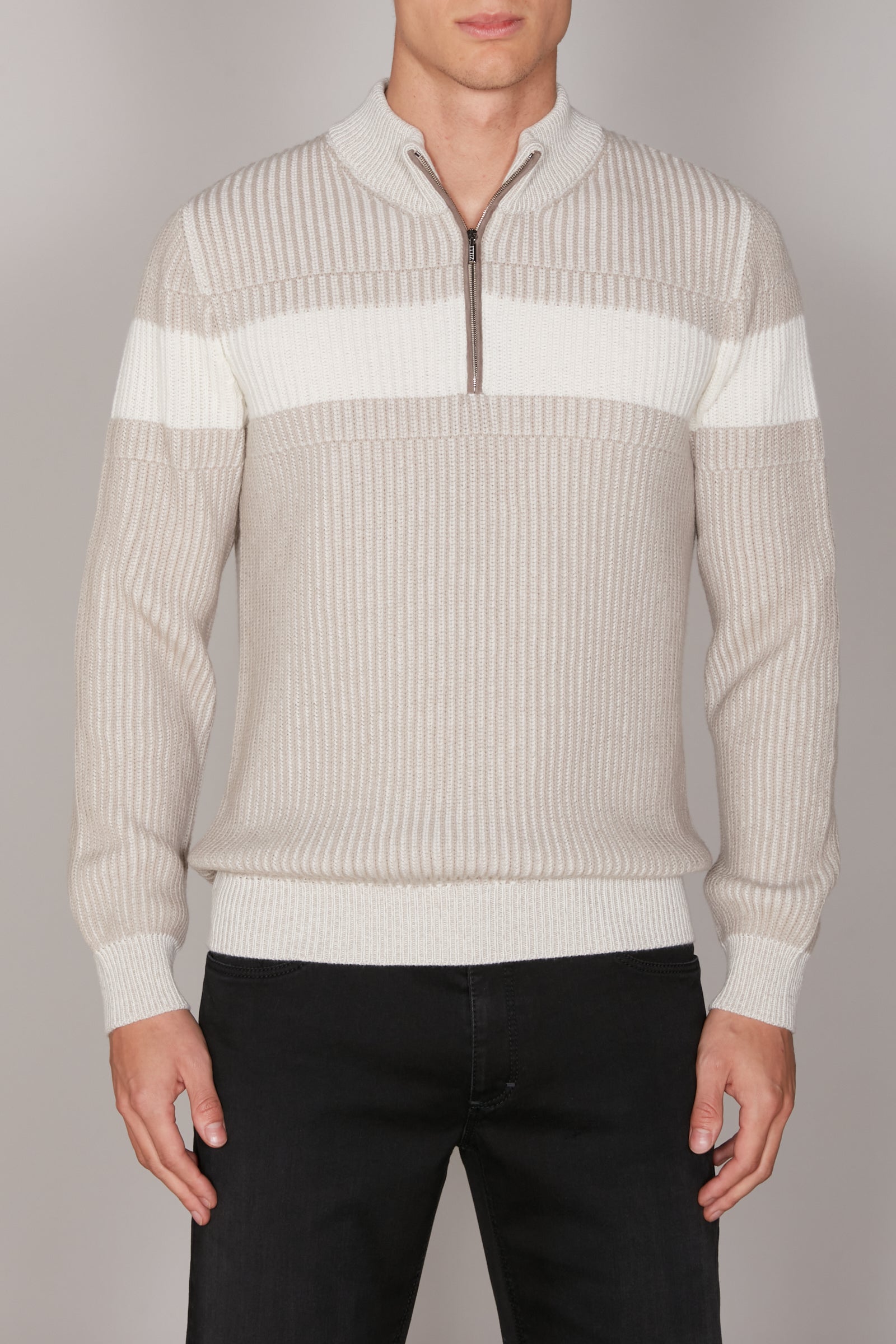 Pull à bande blanche en cachemire - Beige & Blanc