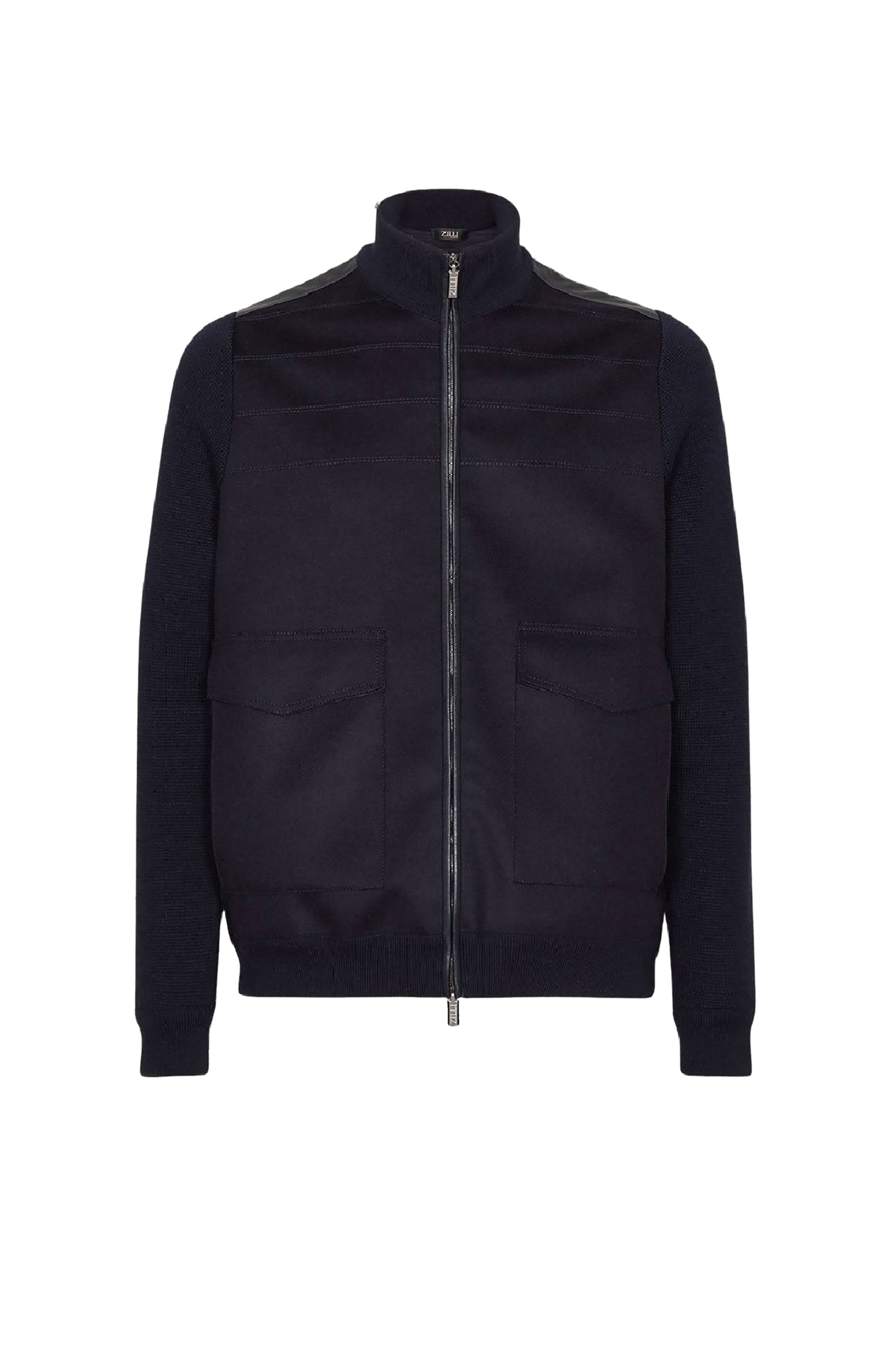 Veste zippée à empiècements en laine - Bleu