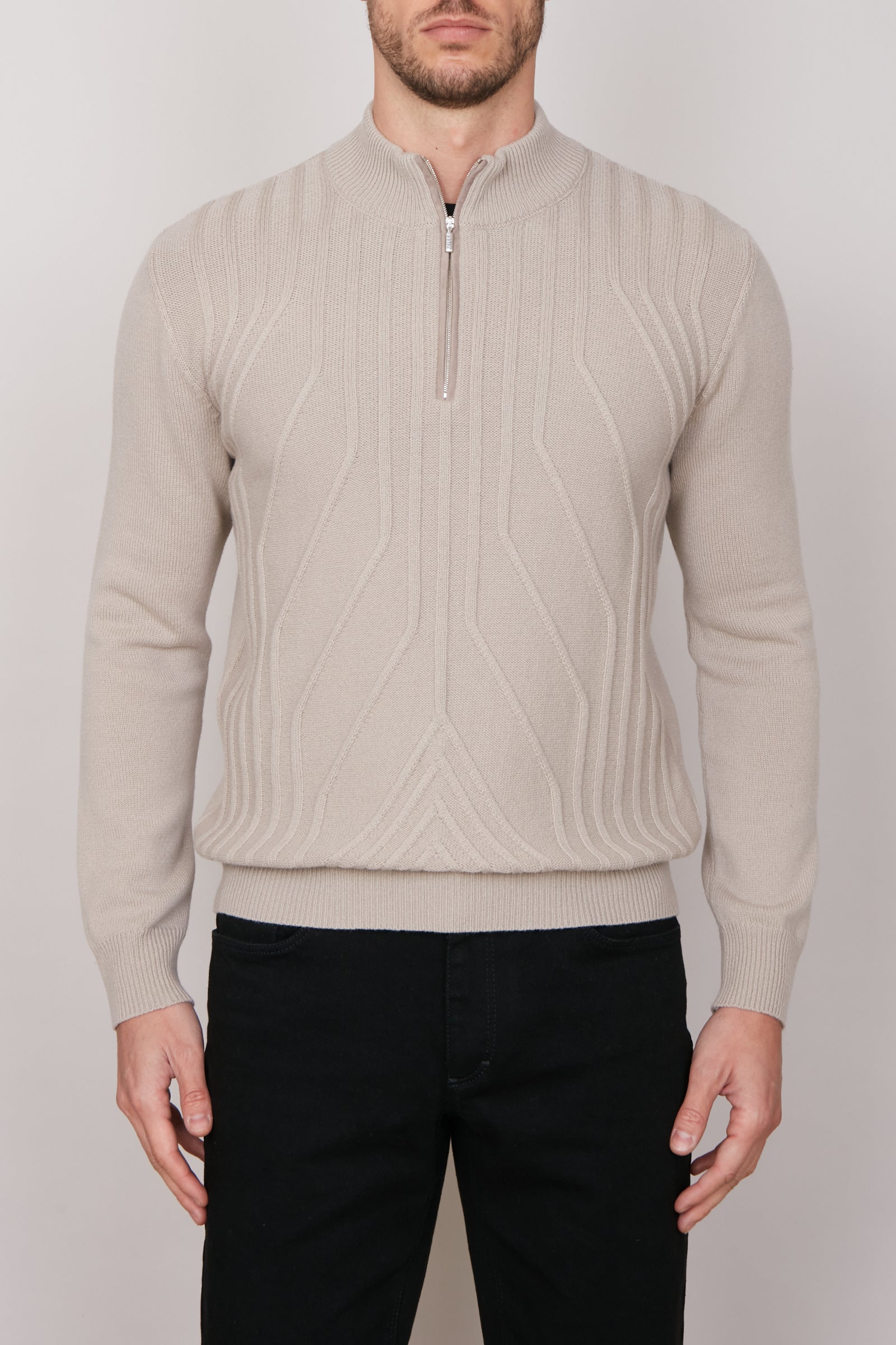 Pull zippé à motifs géométriques en cachemire - Beige