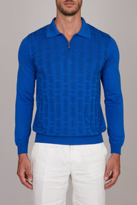 Pull zippé à motif géométrique en soie - Bleu