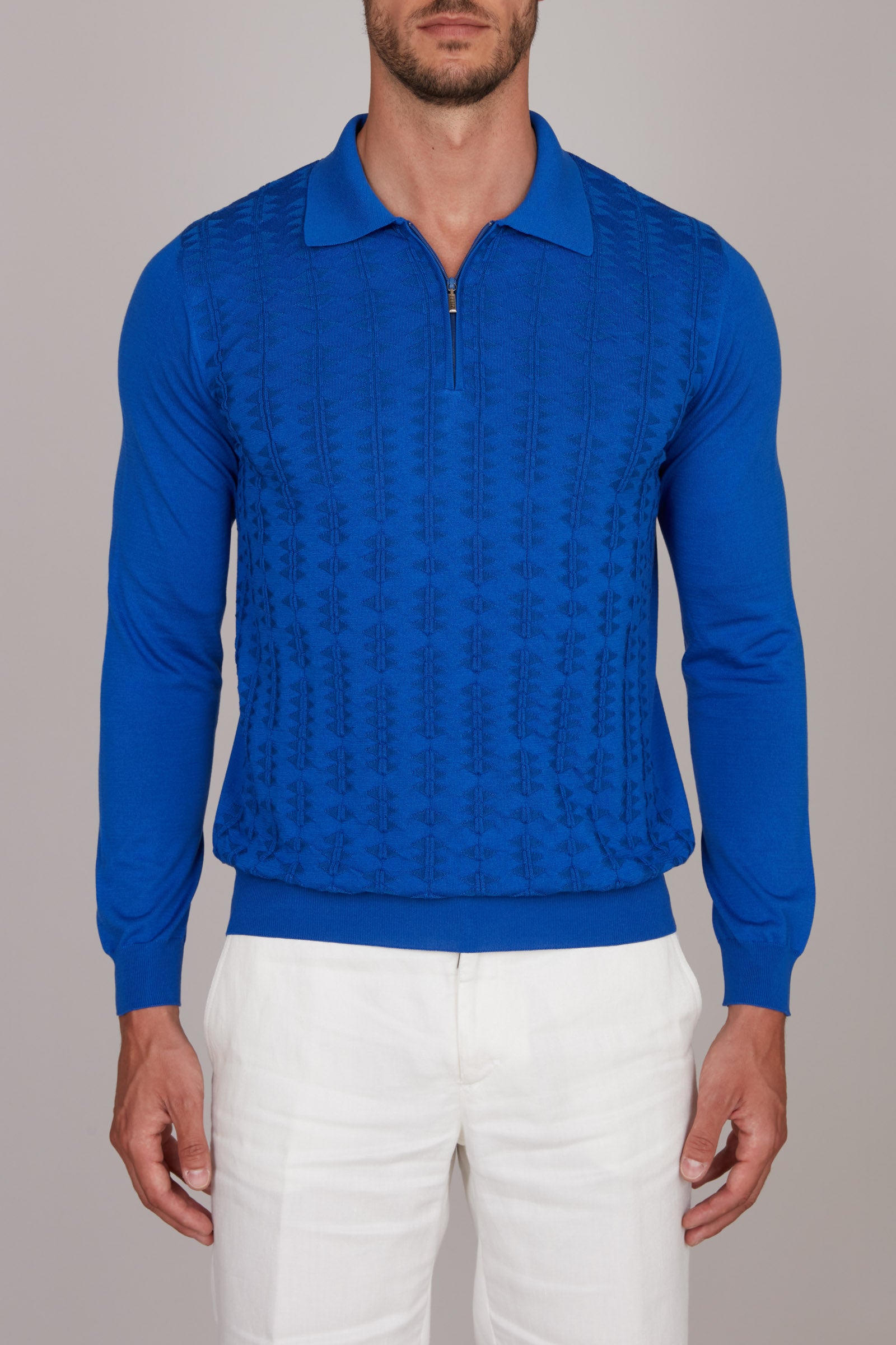 Pull zippé à motif géométrique en soie - Bleu