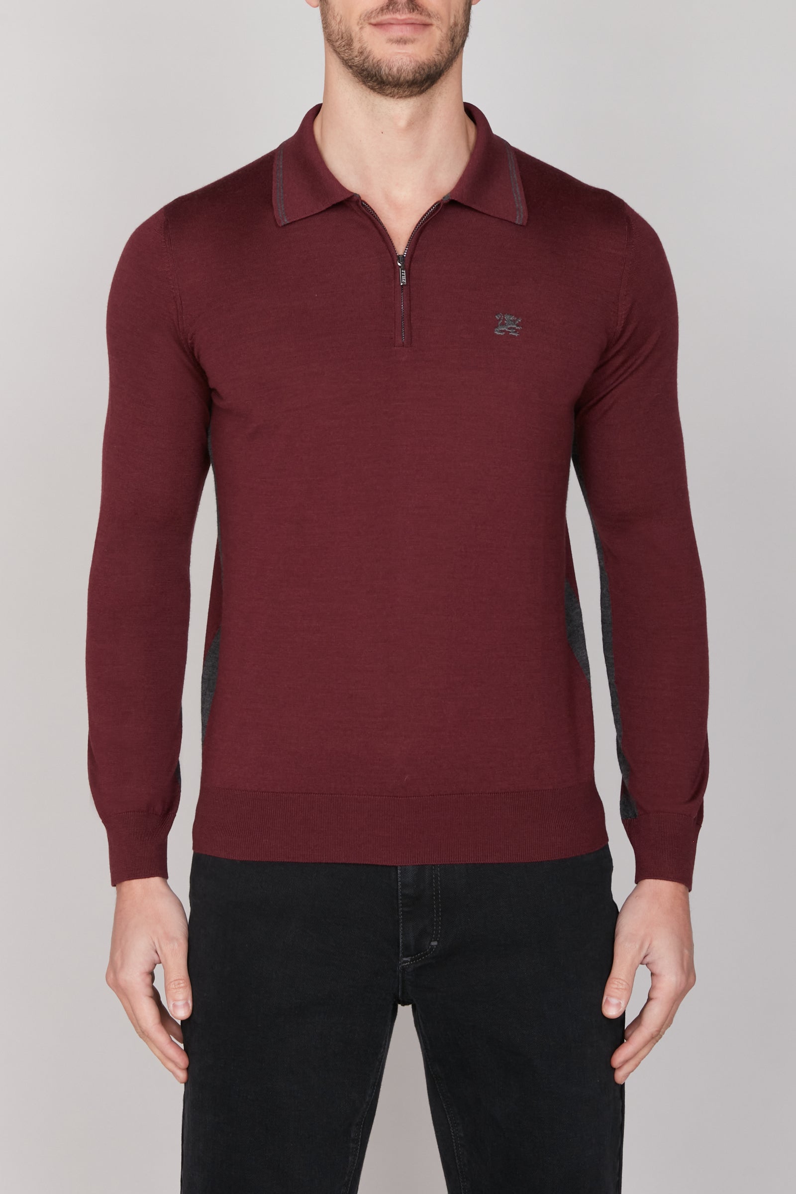 Pull zippé en laine - Bordeaux & Gris