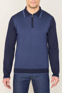 Polo à col zippé et manches longues en laine - Dark Navy