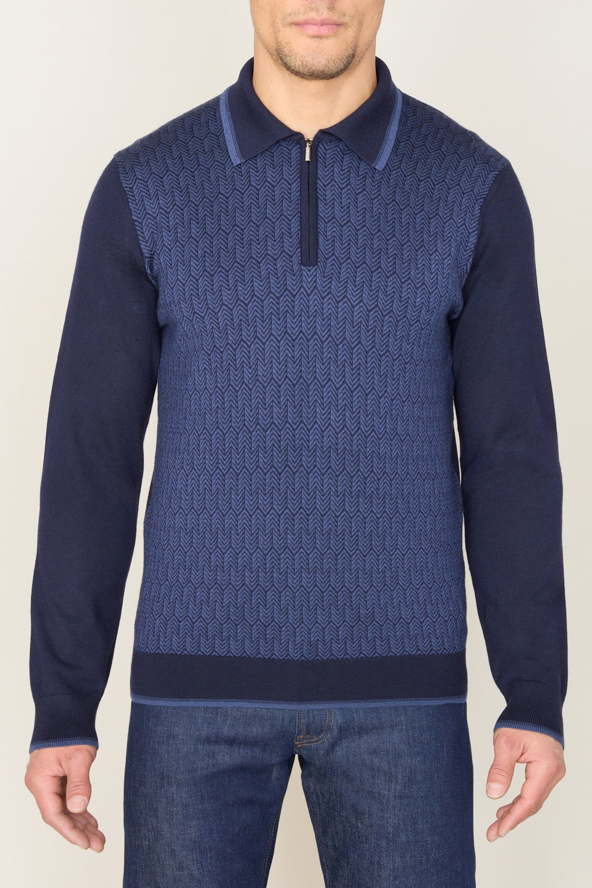 Polo à col zippé et manches longues en laine - Dark Navy