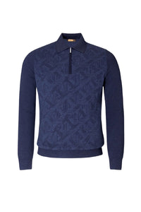 Pull zippé à motif géométrique en laine - Bleu