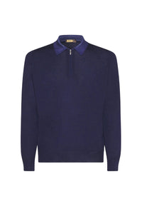 Pull zippé à col pointu en laine - Bleu