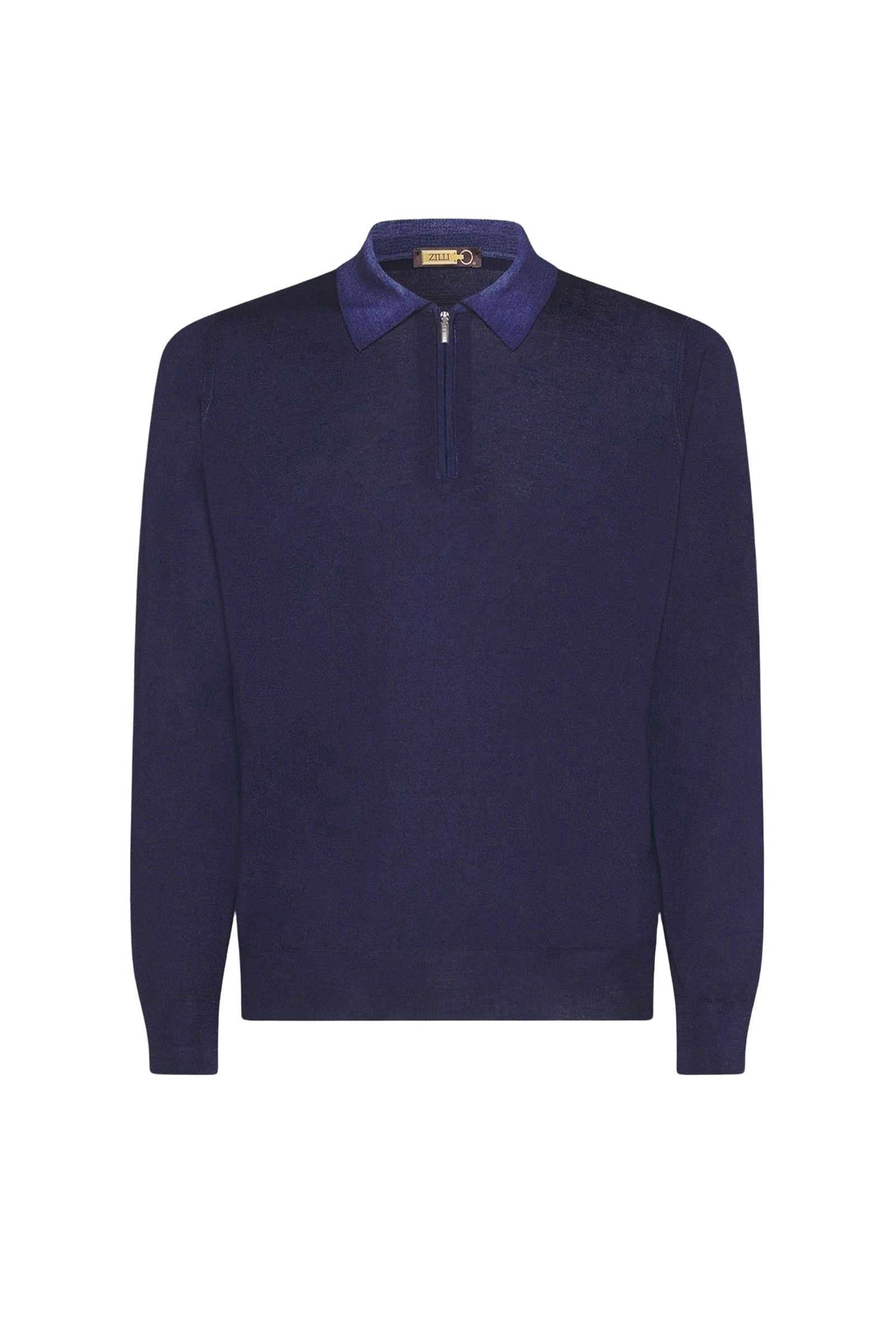 Pull zippé à col pointu en laine - Bleu