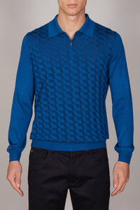 Pull zippé à motif géométrique en cachemire - Bleu