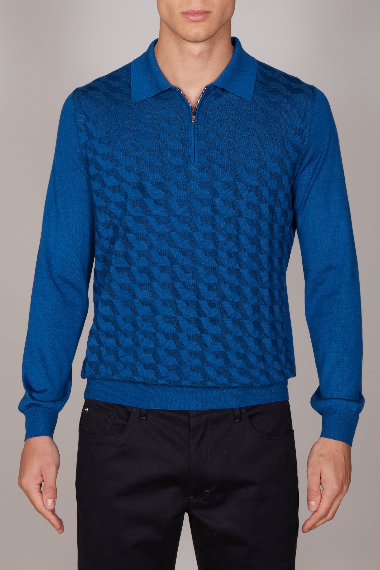 Pull zippé à motif géométrique en cachemire - Bleu