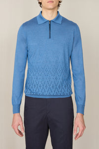Polo à col zippé et manches longues en cachemire - Oxford Blue