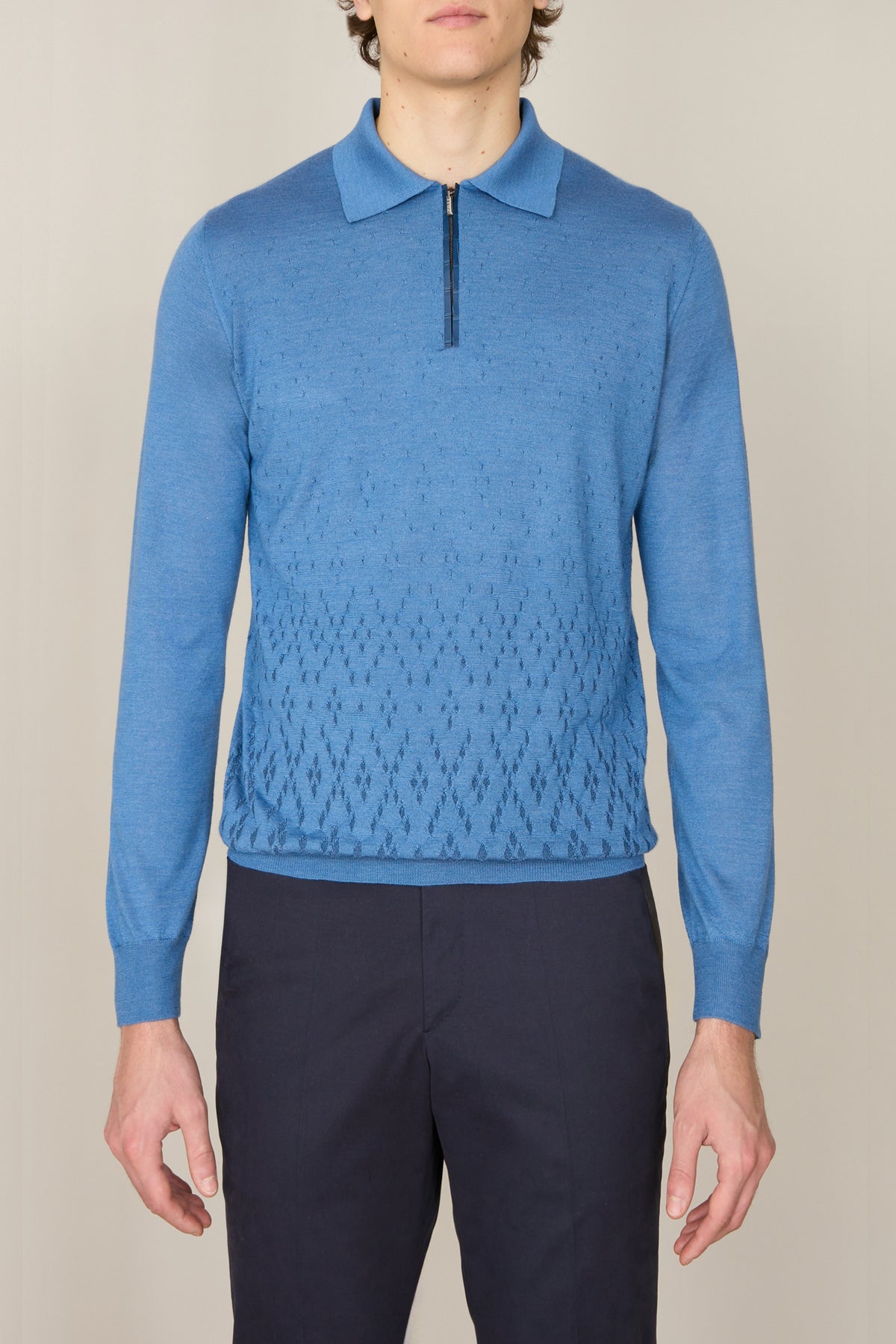 Polo à col zippé et manches longues en cachemire - Oxford Blue