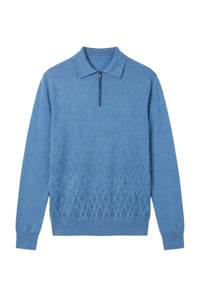 Polo à col zippé et manches longues en cachemire - Oxford Blue