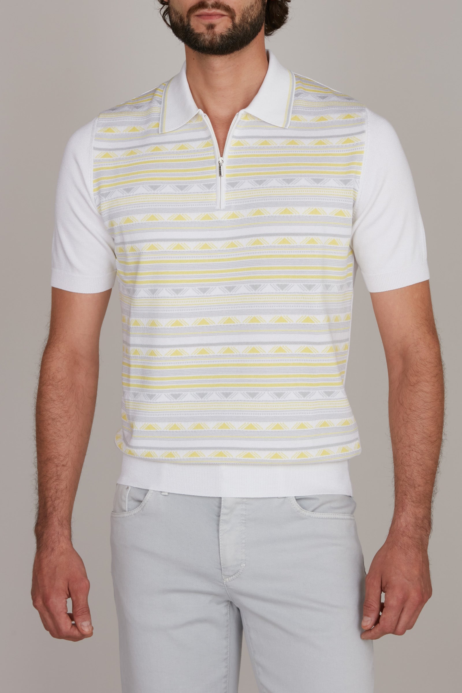 Polo à motif géométrique en soie - Blanc & Jaune