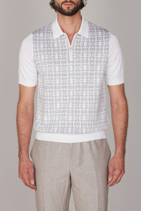 Polo à motif jacquard en soie mélangée - Blanc & Gris