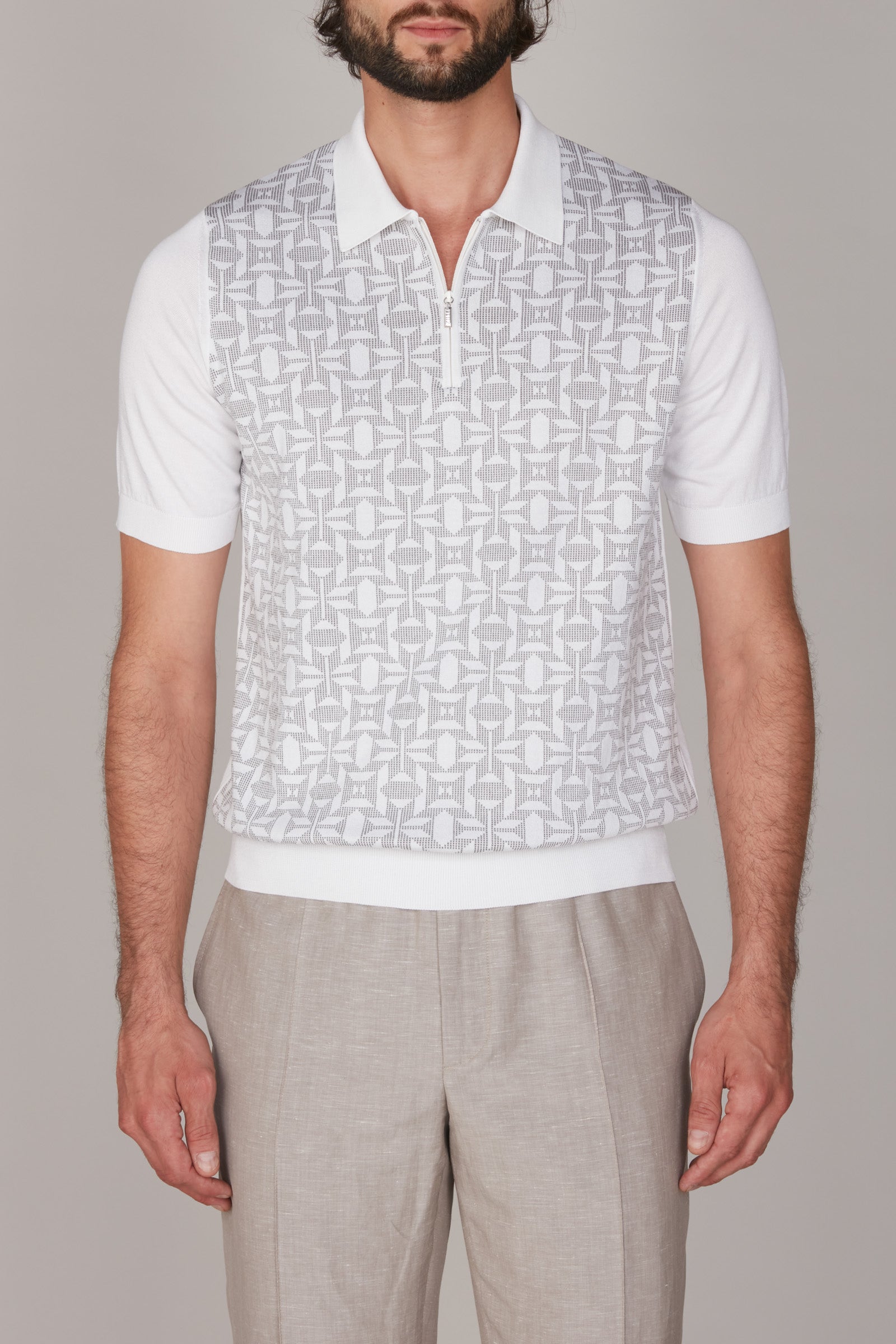Polo à motif jacquard en soie mélangée - Blanc & Gris