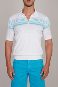 Polo à rayures en soie mélangée - Blanc & Bleu