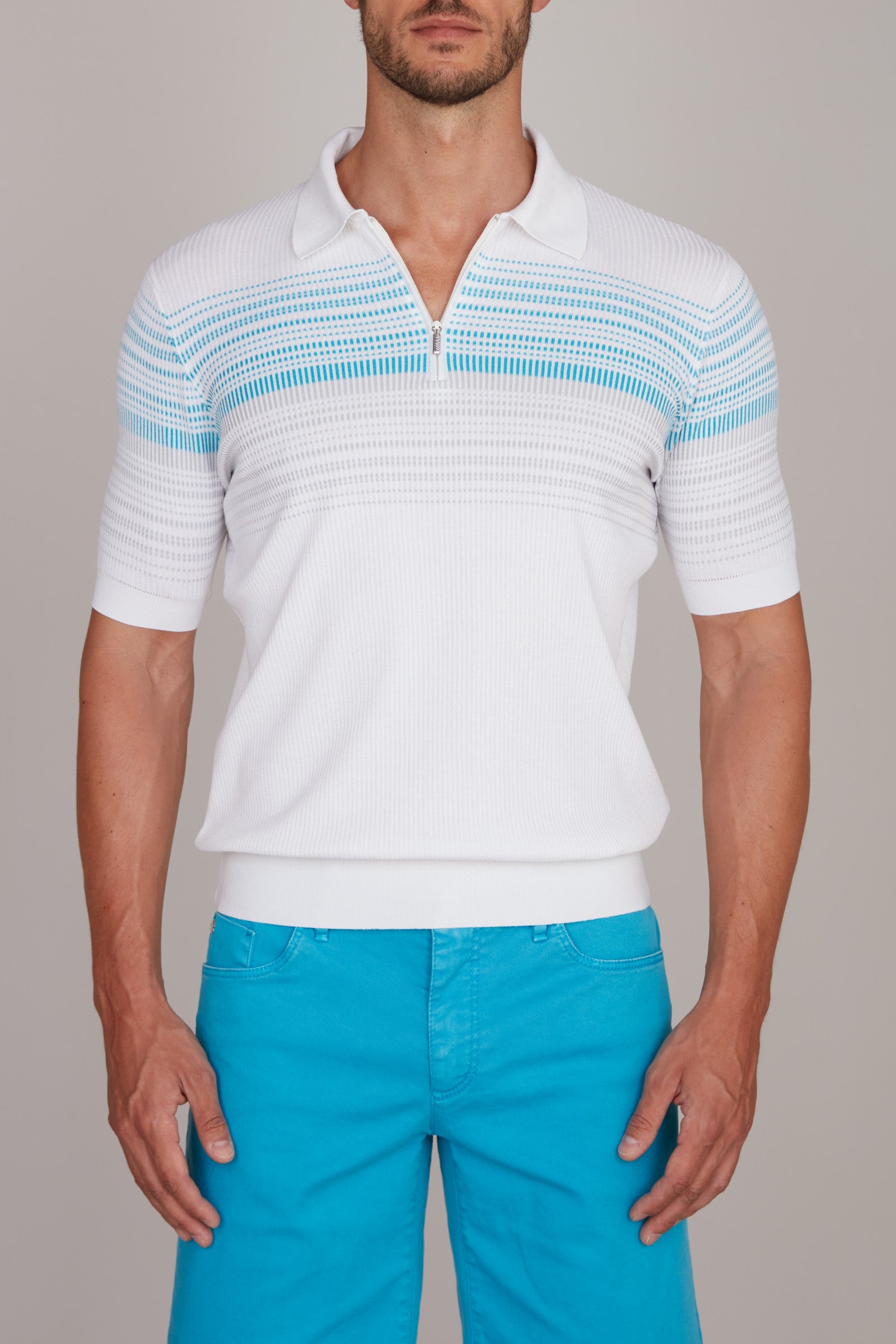 Polo à rayures en soie mélangée - Blanc & Bleu