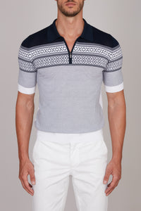 Polo à motif géométrique en soie - Bleu & Blanc