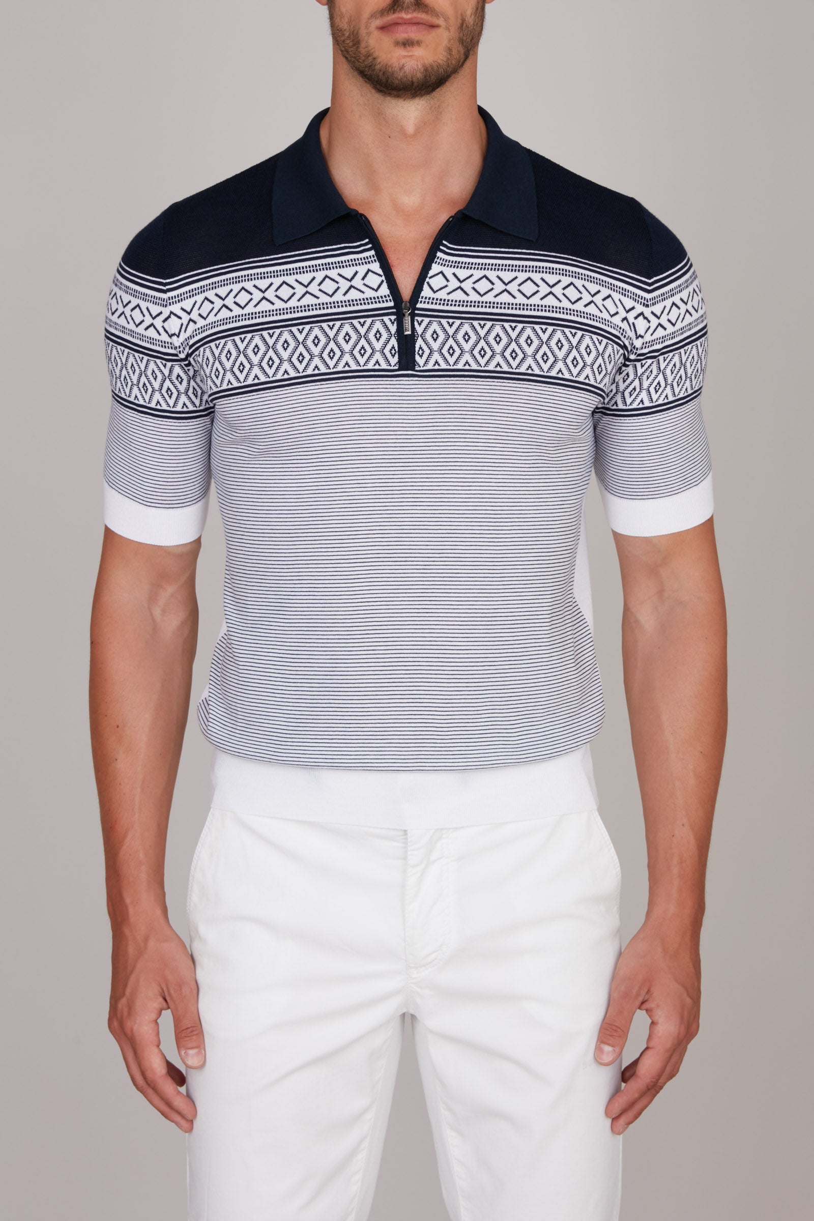 Polo à motif géométrique en soie - Bleu & Blanc