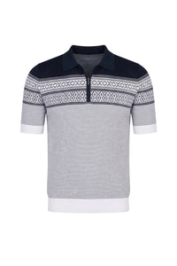 Polo à motif géométrique en soie - Bleu & Blanc