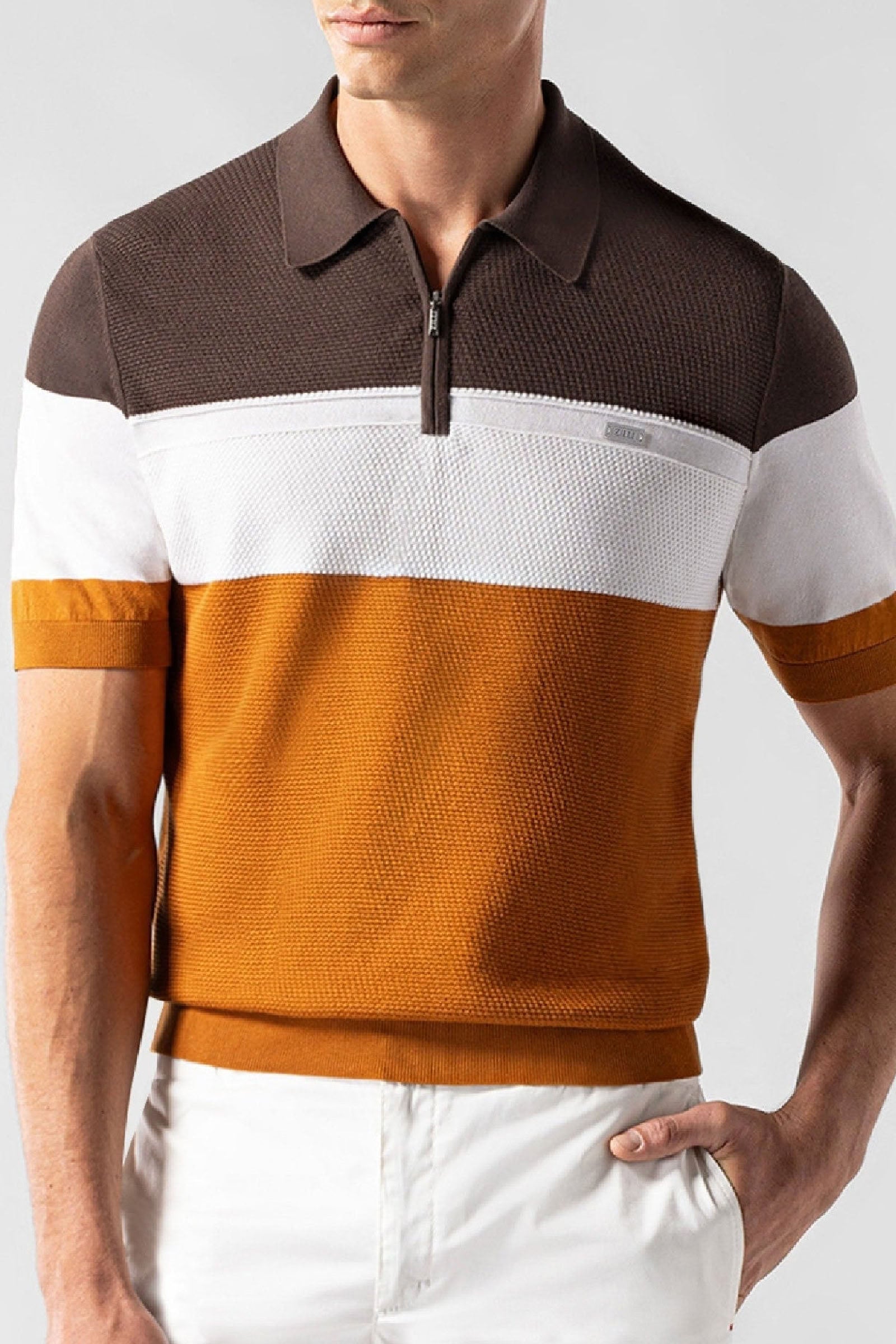 Polo à bandes colorées en soie - Chocolate White Red
