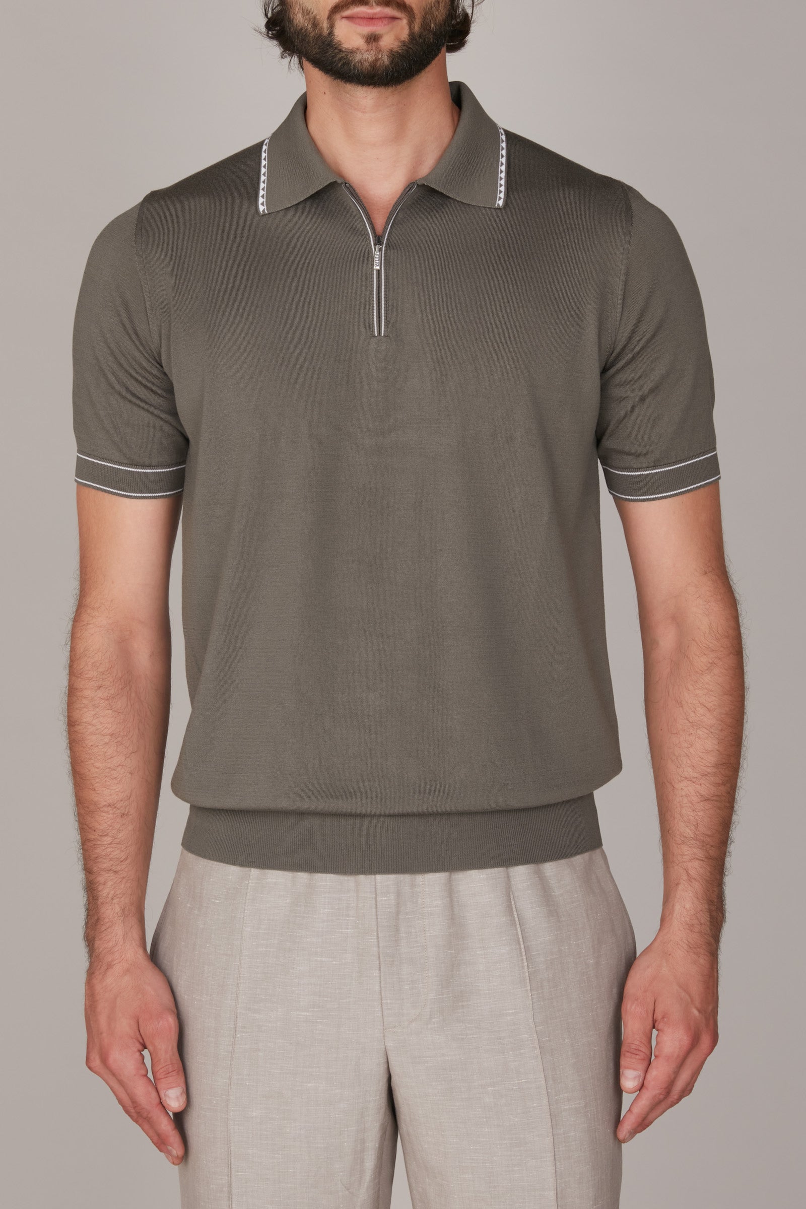 Polo zippé en soie - Vert & Blanc