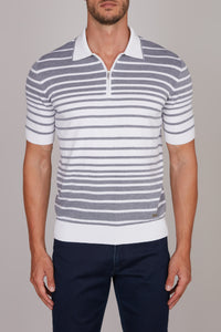 Silk striped polo shirt - White & Blue