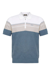 Striped zip-up polo shirt - Pale Khaki & Natural White
