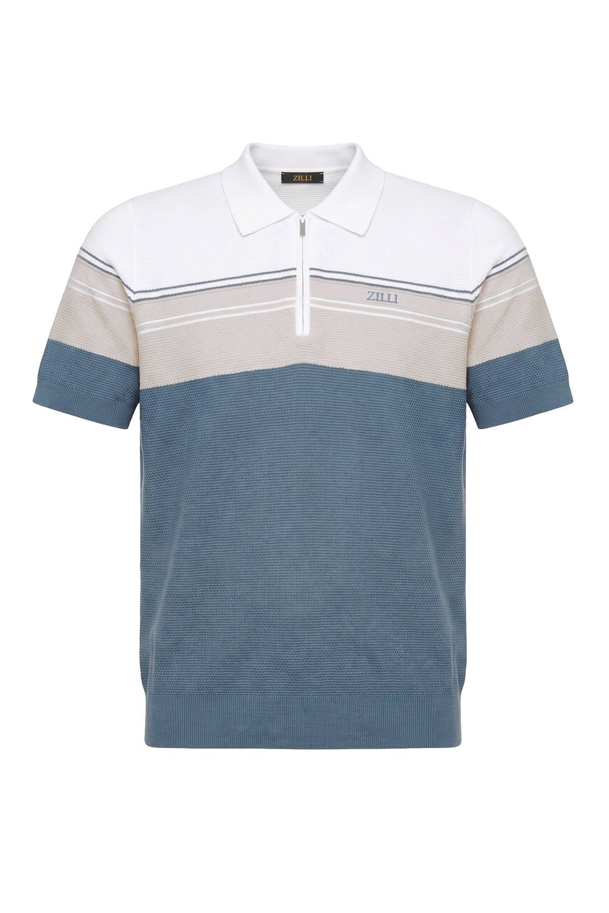 Striped zip-up polo shirt - Pale Khaki & Natural White