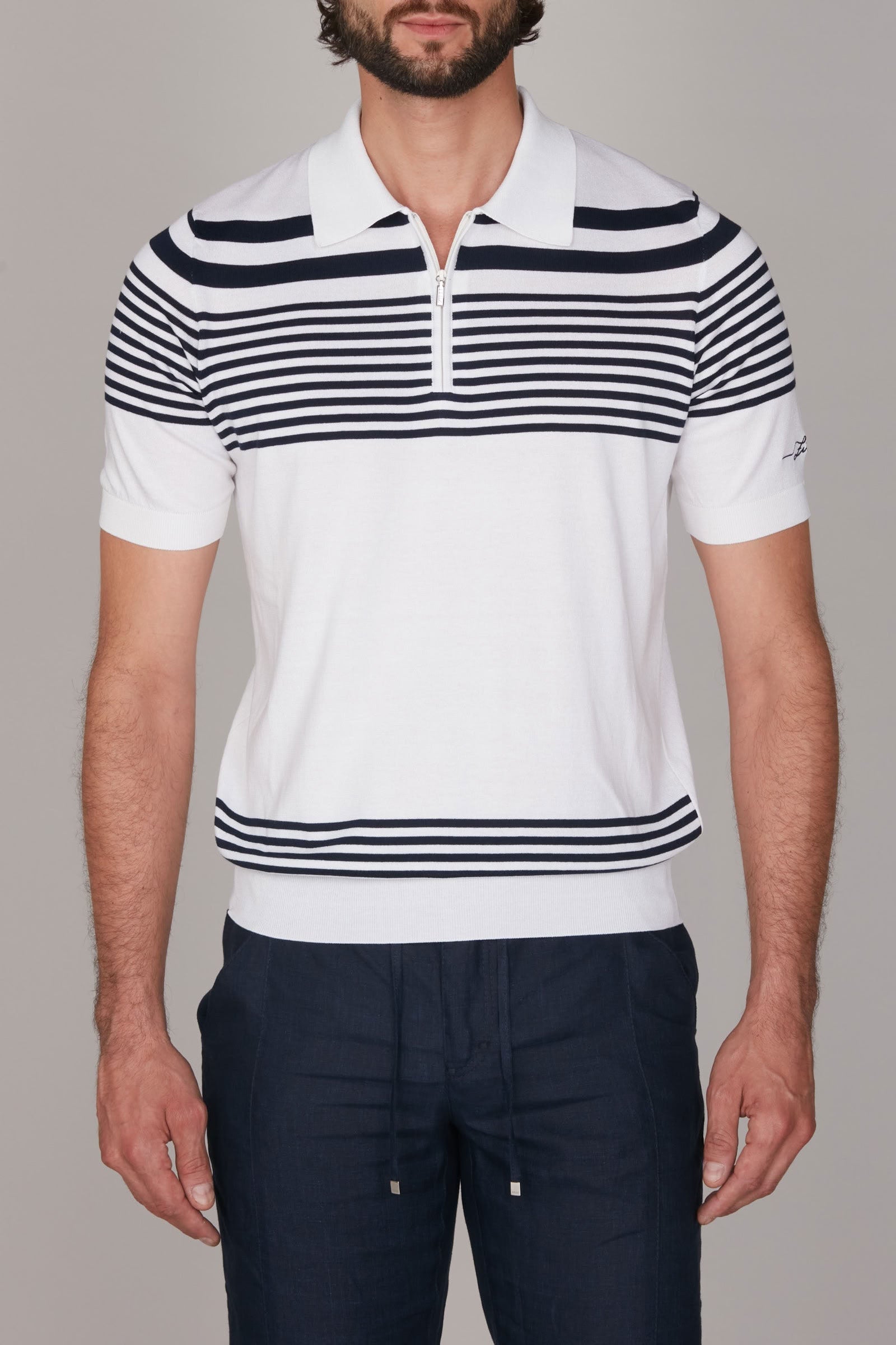 Zipped polo shirt in silk stripes - White & Blue