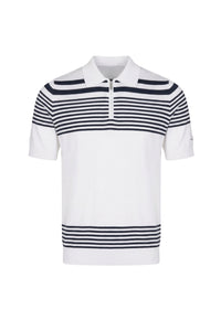 Zipped polo shirt in silk stripes - White & Blue