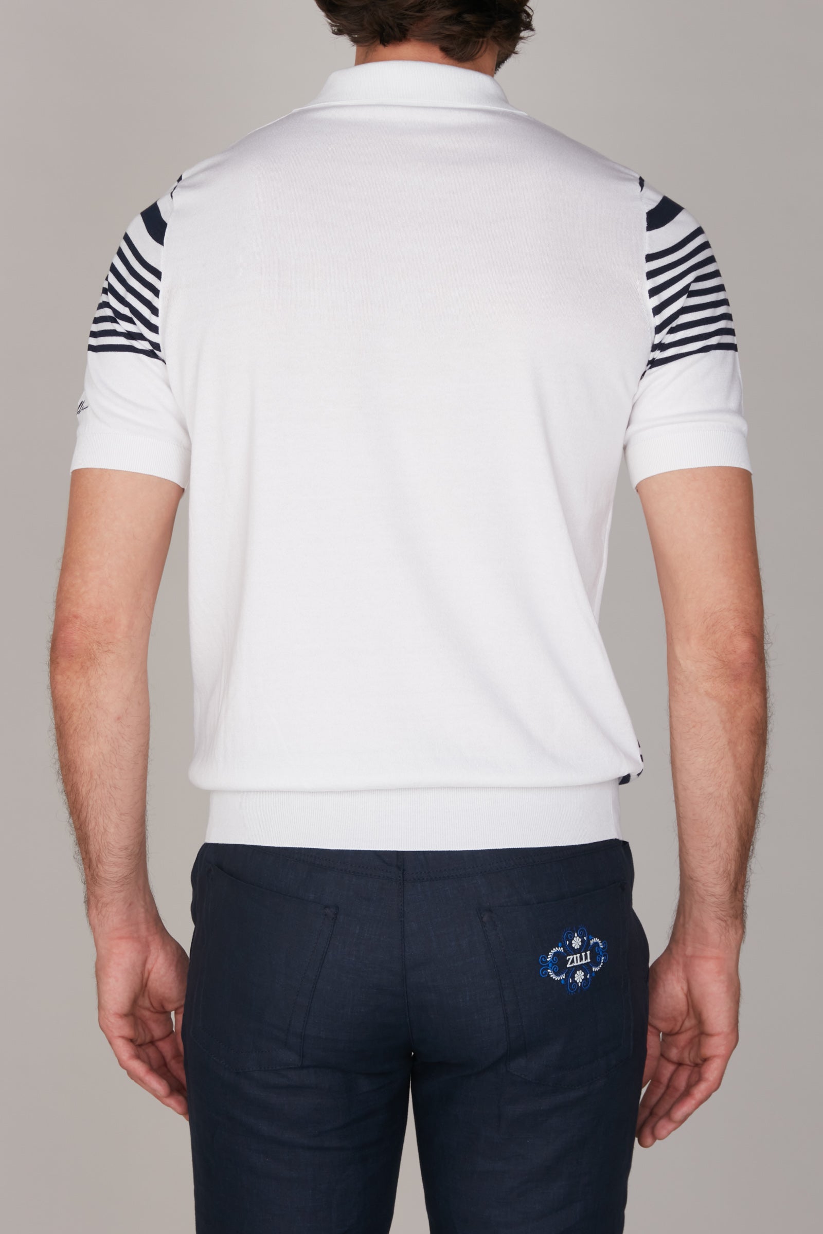 Zipped polo shirt in silk stripes - White & Blue