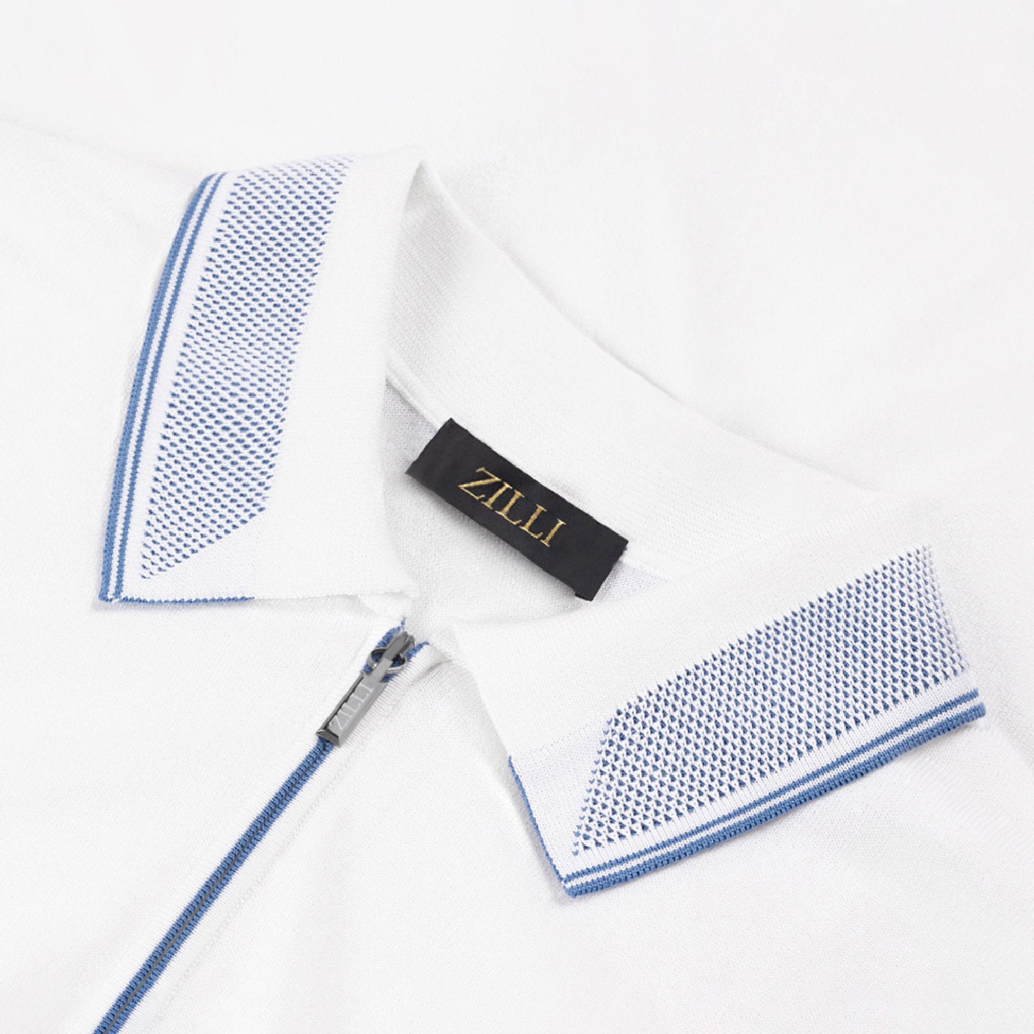 Polo à col zippé et motif en soie mélangée - Blanc & Bleu