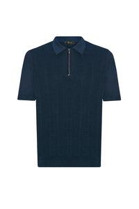 Polo à motif texturé et zippé en soie - Bleu