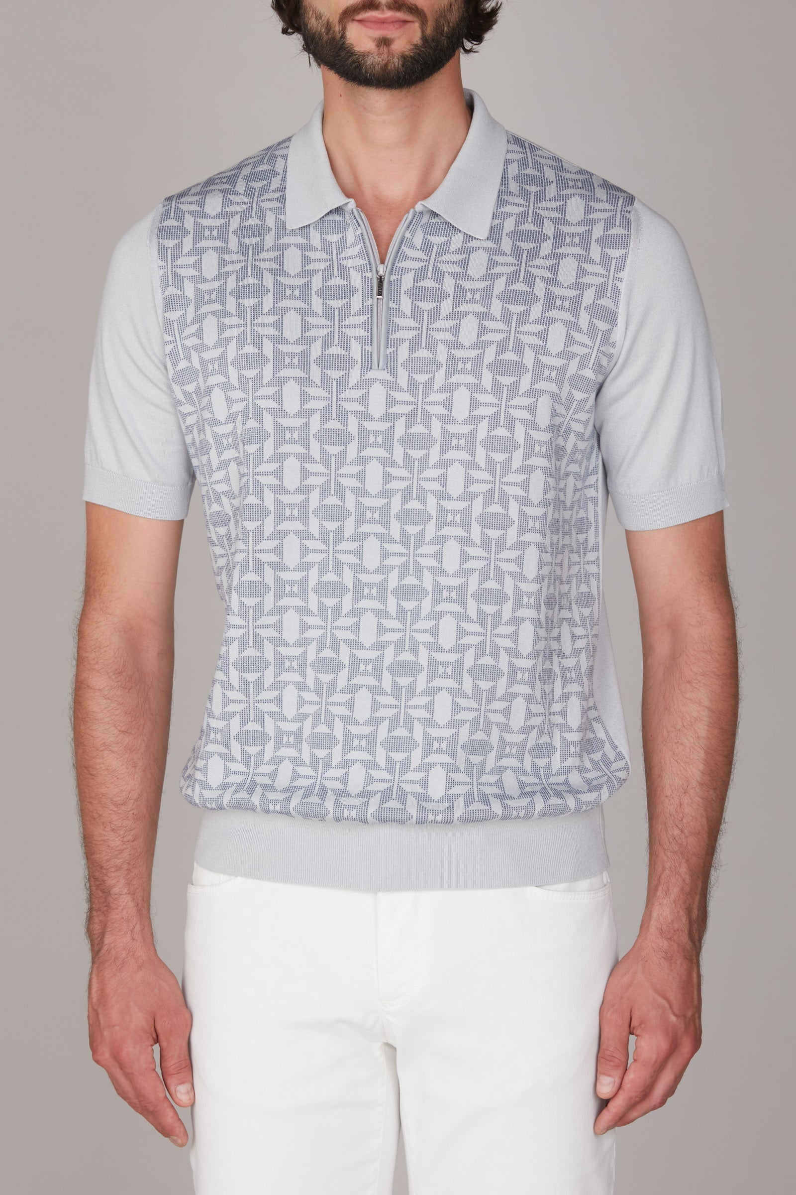 Polo à motif géométrique et zip en soie - Gris