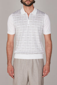 Polo à motif géométrique jacquard et zip en soie - Blanc & Gris