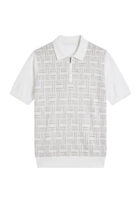 Polo à motif géométrique jacquard et zip en soie - Blanc & Gris